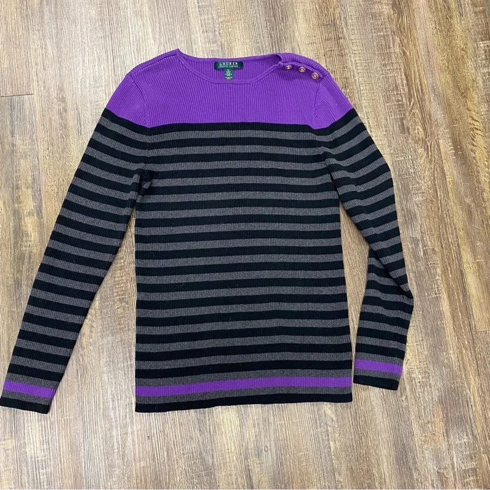 Lauren Ralph Lauren Purple and Black Striped Sweater‎ 3 Shoulder Gold Buttons XL